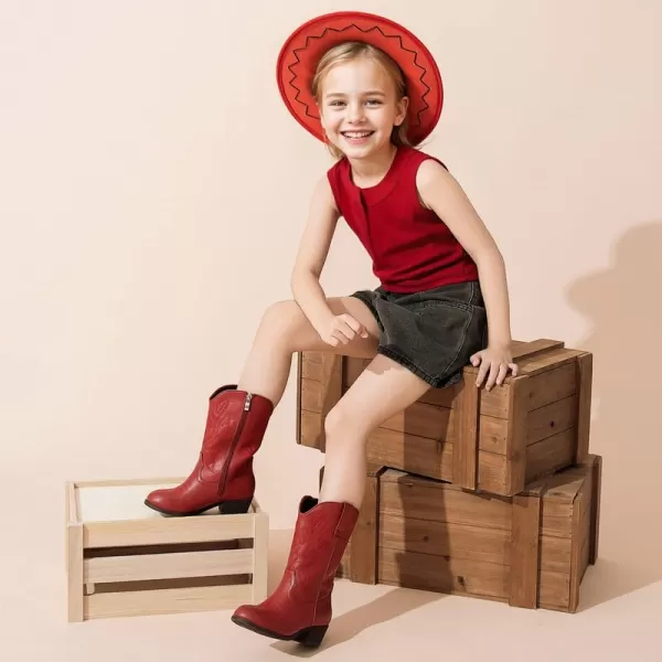 Cowgirl Boots for Little Girls Mid Calf Pointed Toe Kid Cowboy Boots Side Zipper Classic Embroidered Western Boots Horse Riding Party for Toddler Little Big KidsRed