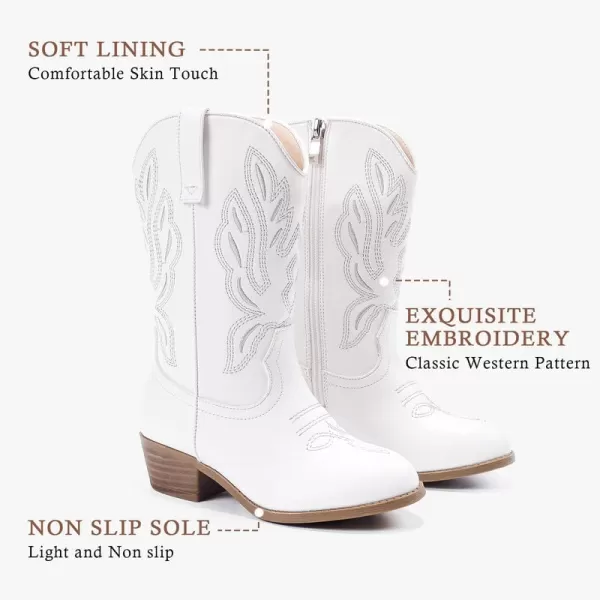 Cowgirl Boots for Little Girls Mid Calf Pointed Toe Kid Cowboy Boots Side Zipper Classic Embroidered Western Boots Horse Riding Party for Toddler Little Big KidsWhite
