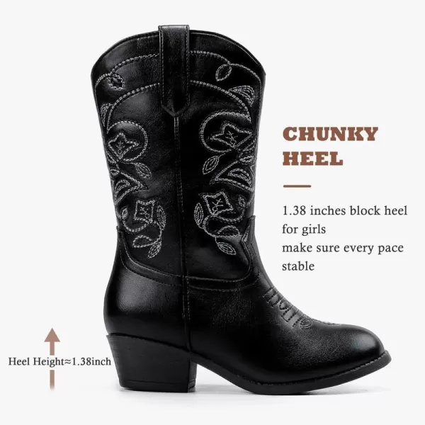 Girls Cowboy Boots Western Mid Calf Pointed Toe Kids Cowgirl Boots Embroidered Side Zipper Girls Horse Riding Boots Country Party for Toddler Little Big KidsBlack