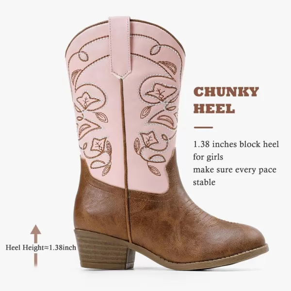 Girls Cowboy Boots Western Mid Calf Pointed Toe Kids Cowgirl Boots Embroidered Side Zipper Girls Horse Riding Boots Country Party for Toddler Little Big KidsPinkbrown