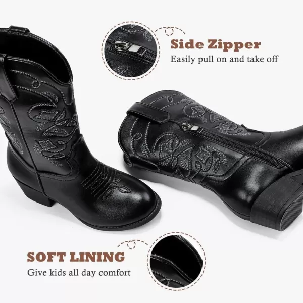 Girls Cowboy Boots Western Mid Calf Pointed Toe Kids Cowgirl Boots Embroidered Side Zipper Girls Horse Riding Boots Country Party for Toddler Little Big KidsBlack