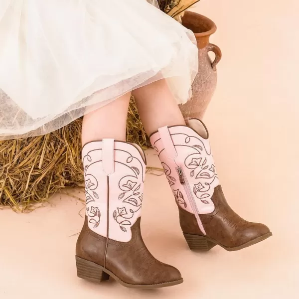Girls Cowboy Boots Western Mid Calf Pointed Toe Kids Cowgirl Boots Embroidered Side Zipper Girls Horse Riding Boots Country Party for Toddler Little Big KidsPinkbrown