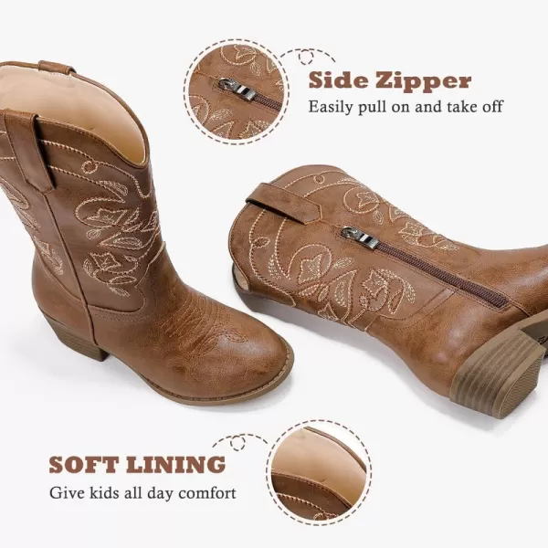 Girls Cowboy Boots Western Mid Calf Pointed Toe Kids Cowgirl Boots Embroidered Side Zipper Girls Horse Riding Boots Country Party for Toddler Little Big KidsBrown