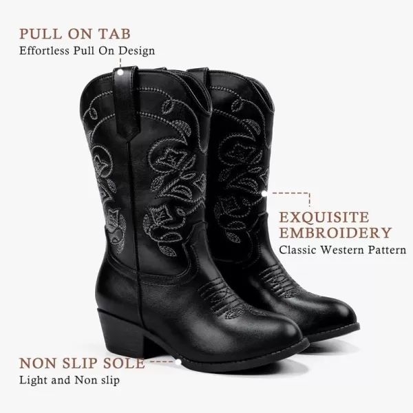 Girls Cowboy Boots Western Mid Calf Pointed Toe Kids Cowgirl Boots Embroidered Side Zipper Girls Horse Riding Boots Country Party for Toddler Little Big KidsBlack