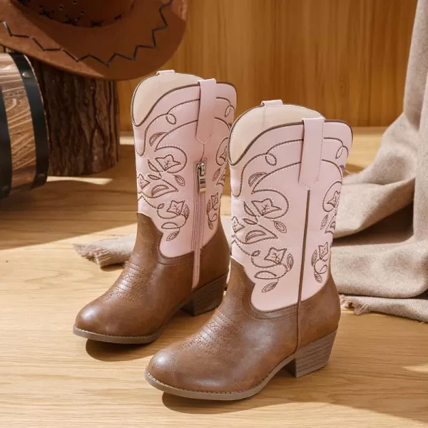Girls Cowboy Boots Western Mid Calf Pointed Toe Kids Cowgirl Boots Embroidered Side Zipper Girls Horse Riding Boots Country Party for Toddler Little Big KidsPinkbrown