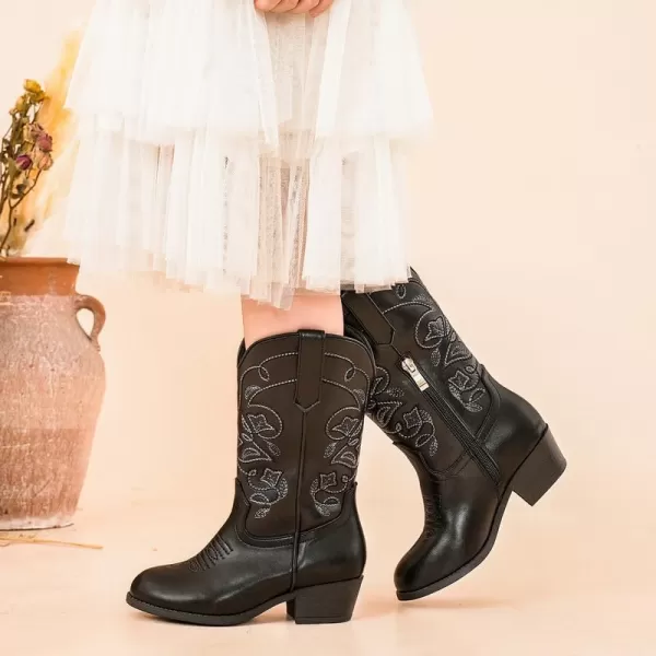 Girls Cowboy Boots Western Mid Calf Pointed Toe Kids Cowgirl Boots Embroidered Side Zipper Girls Horse Riding Boots Country Party for Toddler Little Big KidsBlack