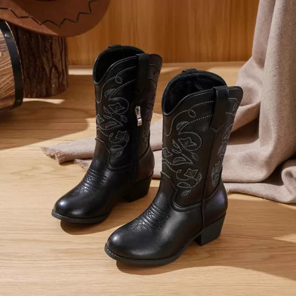 Girls Cowboy Boots Western Mid Calf Pointed Toe Kids Cowgirl Boots Embroidered Side Zipper Girls Horse Riding Boots Country Party for Toddler Little Big KidsBlack