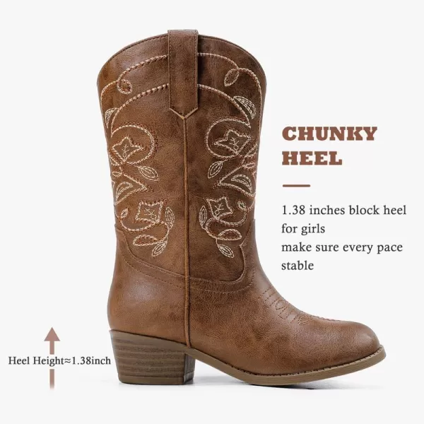 Girls Cowboy Boots Western Mid Calf Pointed Toe Kids Cowgirl Boots Embroidered Side Zipper Girls Horse Riding Boots Country Party for Toddler Little Big KidsBrown