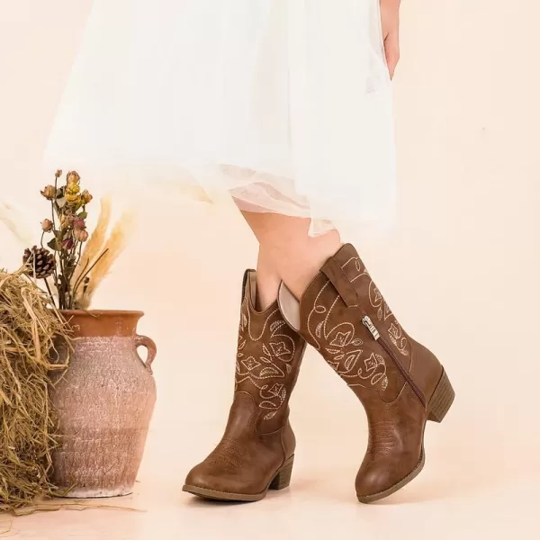 Girls Cowboy Boots Western Mid Calf Pointed Toe Kids Cowgirl Boots Embroidered Side Zipper Girls Horse Riding Boots Country Party for Toddler Little Big KidsBrown