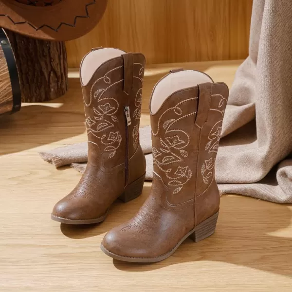 Girls Cowboy Boots Western Mid Calf Pointed Toe Kids Cowgirl Boots Embroidered Side Zipper Girls Horse Riding Boots Country Party for Toddler Little Big KidsBrown