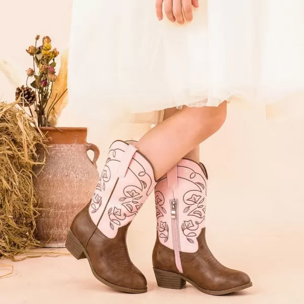 Girls Cowboy Boots Western Mid Calf Pointed Toe Kids Cowgirl Boots Embroidered Side Zipper Girls Horse Riding Boots Country Party for Toddler Little Big KidsPinkbrown