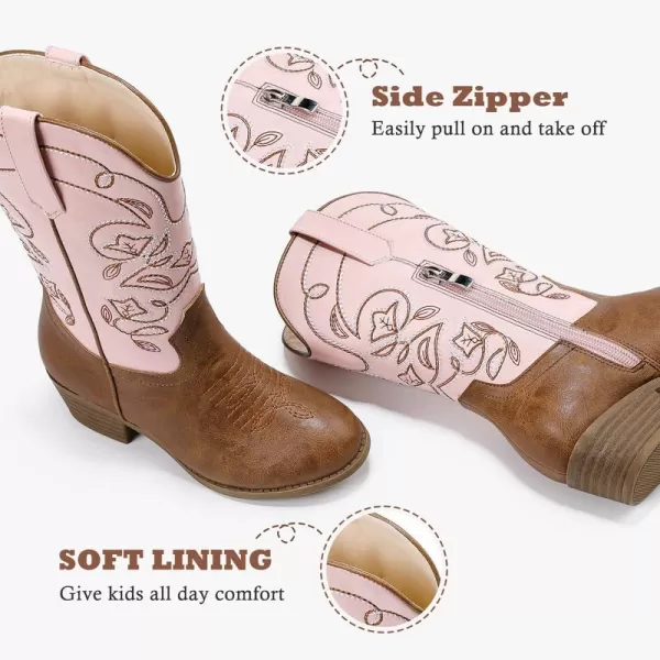 Girls Cowboy Boots Western Mid Calf Pointed Toe Kids Cowgirl Boots Embroidered Side Zipper Girls Horse Riding Boots Country Party for Toddler Little Big KidsPinkbrown