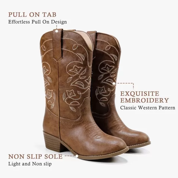 Girls Cowboy Boots Western Mid Calf Pointed Toe Kids Cowgirl Boots Embroidered Side Zipper Girls Horse Riding Boots Country Party for Toddler Little Big KidsBrown