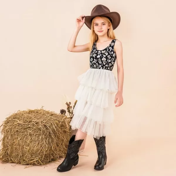 Girls Cowboy Boots Western Mid Calf Pointed Toe Kids Cowgirl Boots Embroidered Side Zipper Girls Horse Riding Boots Country Party for Toddler Little Big KidsBlack