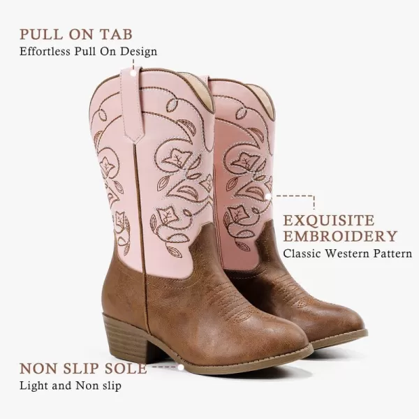 Girls Cowboy Boots Western Mid Calf Pointed Toe Kids Cowgirl Boots Embroidered Side Zipper Girls Horse Riding Boots Country Party for Toddler Little Big KidsPinkbrown