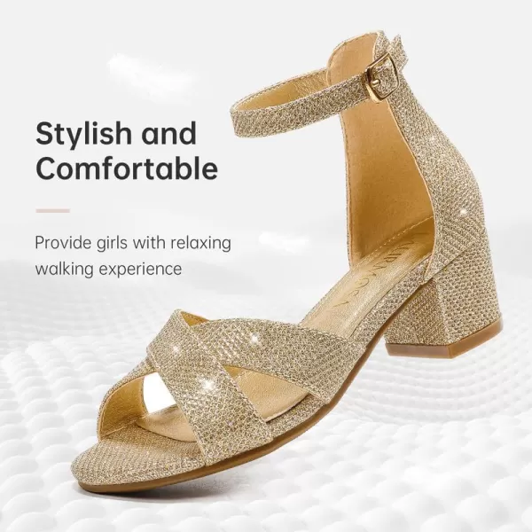 Girls Sandals Open Toe High Heels Fancy Dress Shoes Ankle Strap Chunky Block Heels Flower Girls Wedding Party Dressy Shoes for Toddler Little Big KidsGold Glitter