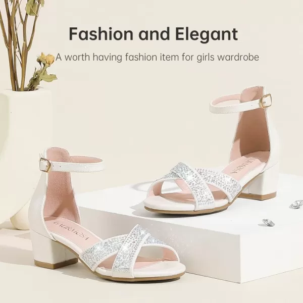 Girls Sandals Open Toe High Heels Fancy Dress Shoes Ankle Strap Chunky Block Heels Flower Girls Wedding Party Dressy Shoes for Toddler Little Big KidsWhite Rhinestone