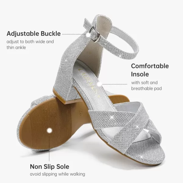 Girls Sandals Open Toe High Heels Fancy Dress Shoes Ankle Strap Chunky Block Heels Flower Girls Wedding Party Dressy Shoes for Toddler Little Big KidsSilver Glitter