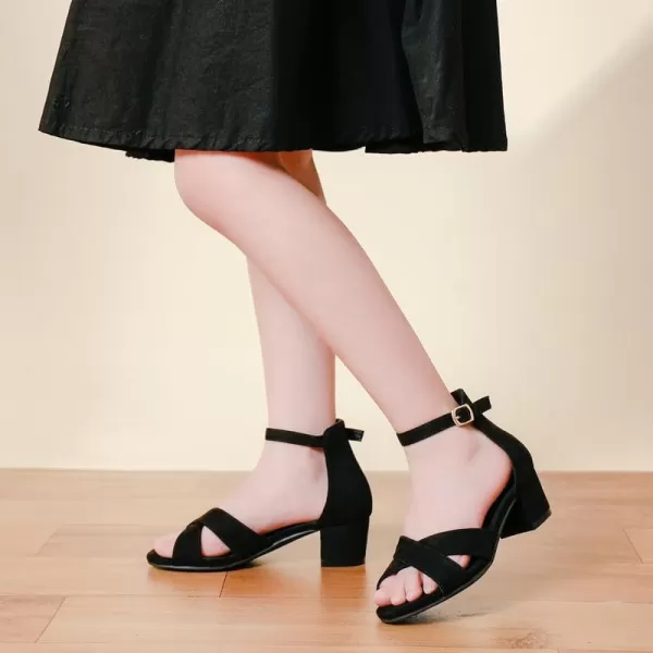 Girls Sandals Open Toe High Heels Fancy Dress Shoes Ankle Strap Chunky Block Heels Flower Girls Wedding Party Dressy Shoes for Toddler Little Big KidsBlack Suede