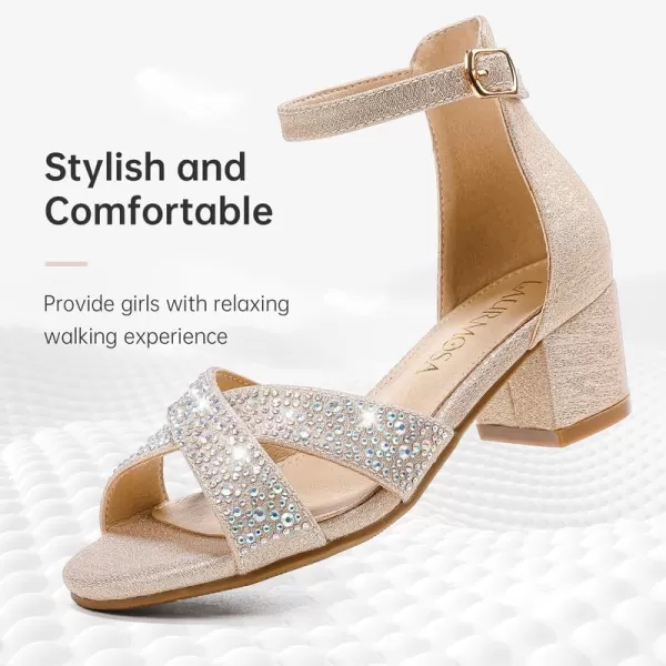 Girls Sandals Open Toe High Heels Fancy Dress Shoes Ankle Strap Chunky Block Heels Flower Girls Wedding Party Dressy Shoes for Toddler Little Big KidsGold Rhinestone