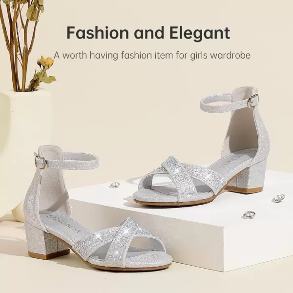 Girls Sandals Open Toe High Heels Fancy Dress Shoes Ankle Strap Chunky Block Heels Flower Girls Wedding Party Dressy Shoes for Toddler Little Big KidsSilver Rhinestone