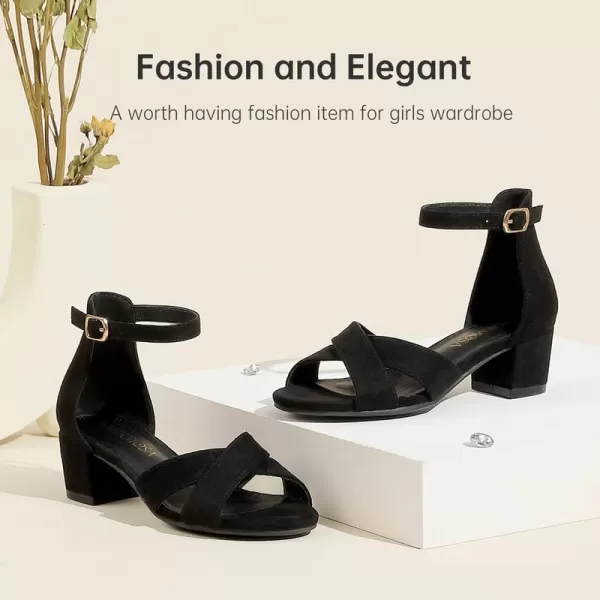 Girls Sandals Open Toe High Heels Fancy Dress Shoes Ankle Strap Chunky Block Heels Flower Girls Wedding Party Dressy Shoes for Toddler Little Big KidsBlack Suede