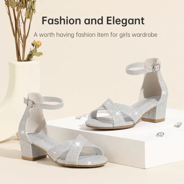 Girls Sandals Open Toe High Heels Fancy Dress Shoes Ankle Strap Chunky Block Heels Flower Girls Wedding Party Dressy Shoes for Toddler Little Big KidsSilver Glitter