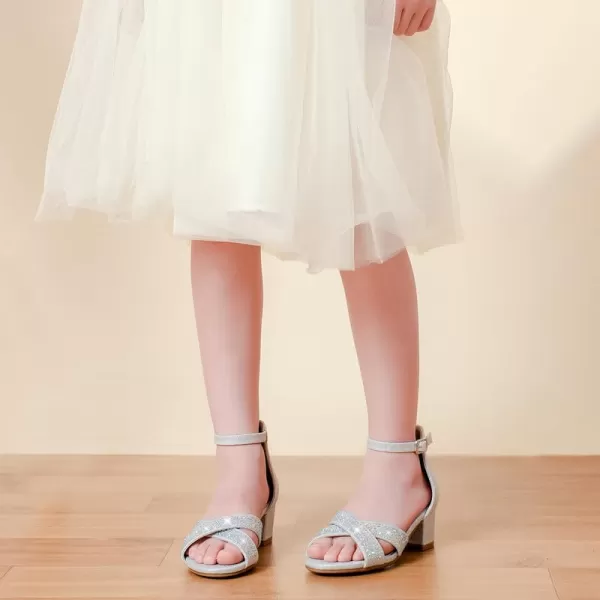 Girls Sandals Open Toe High Heels Fancy Dress Shoes Ankle Strap Chunky Block Heels Flower Girls Wedding Party Dressy Shoes for Toddler Little Big KidsSilver Rhinestone