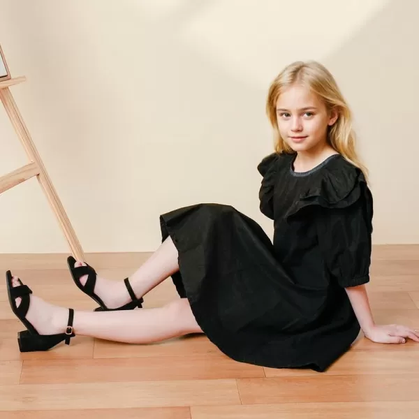 Girls Sandals Open Toe High Heels Fancy Dress Shoes Ankle Strap Chunky Block Heels Flower Girls Wedding Party Dressy Shoes for Toddler Little Big KidsBlack Suede