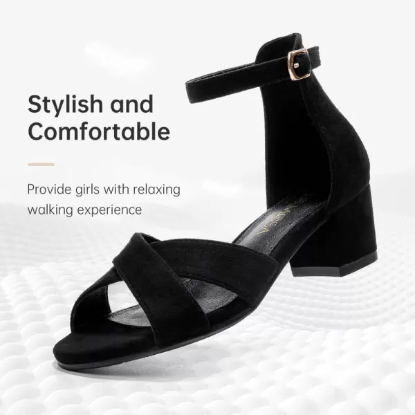 Girls Sandals Open Toe High Heels Fancy Dress Shoes Ankle Strap Chunky Block Heels Flower Girls Wedding Party Dressy Shoes for Toddler Little Big KidsBlack Suede