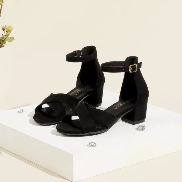 Girls Sandals Open Toe High Heels Fancy Dress Shoes Ankle Strap Chunky Block Heels Flower Girls Wedding Party Dressy Shoes for Toddler Little Big KidsBlack Suede