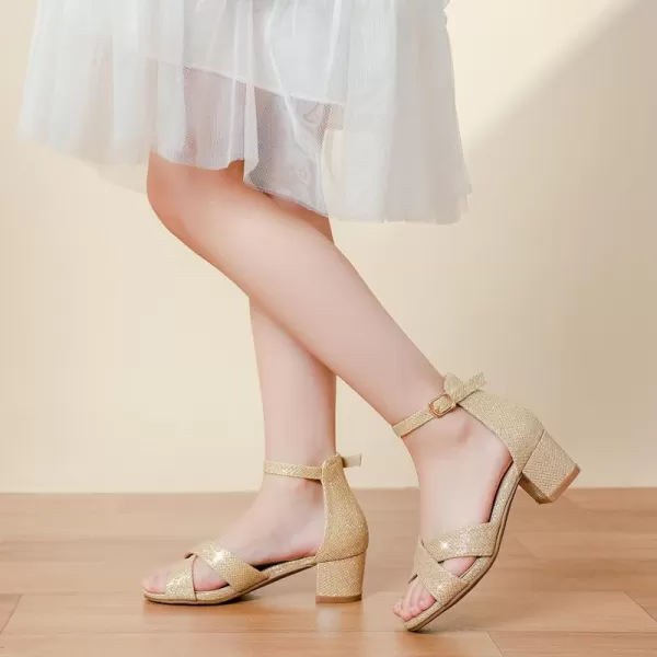 Girls Sandals Open Toe High Heels Fancy Dress Shoes Ankle Strap Chunky Block Heels Flower Girls Wedding Party Dressy Shoes for Toddler Little Big KidsGold Glitter