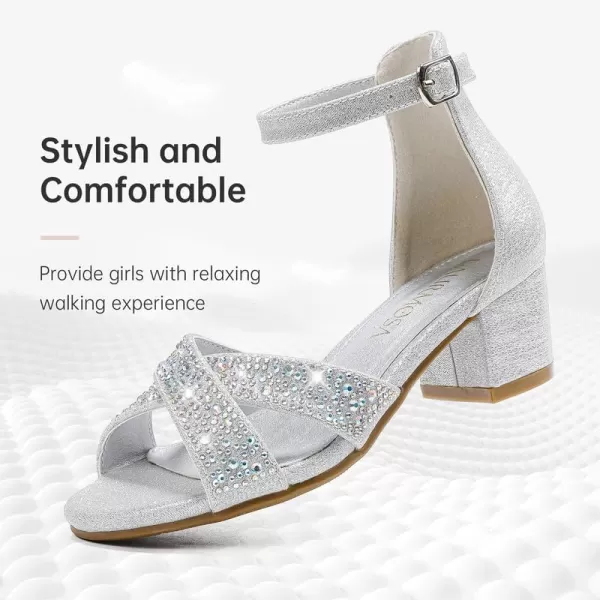 Girls Sandals Open Toe High Heels Fancy Dress Shoes Ankle Strap Chunky Block Heels Flower Girls Wedding Party Dressy Shoes for Toddler Little Big KidsSilver Rhinestone