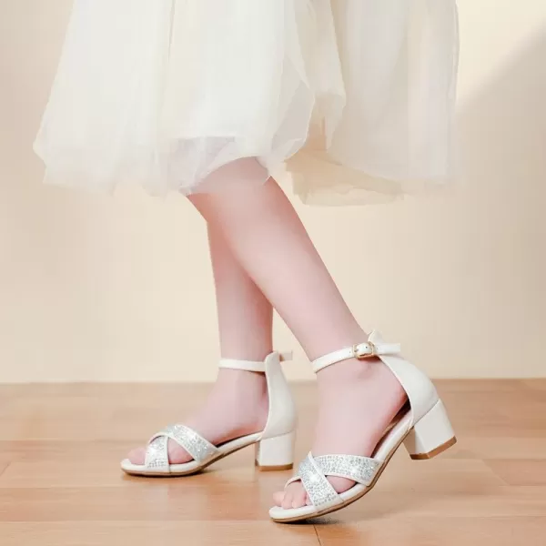 Girls Sandals Open Toe High Heels Fancy Dress Shoes Ankle Strap Chunky Block Heels Flower Girls Wedding Party Dressy Shoes for Toddler Little Big KidsWhite Rhinestone
