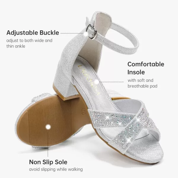 Girls Sandals Open Toe High Heels Fancy Dress Shoes Ankle Strap Chunky Block Heels Flower Girls Wedding Party Dressy Shoes for Toddler Little Big KidsSilver Rhinestone
