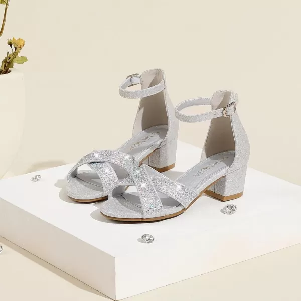 Girls Sandals Open Toe High Heels Fancy Dress Shoes Ankle Strap Chunky Block Heels Flower Girls Wedding Party Dressy Shoes for Toddler Little Big KidsSilver Rhinestone