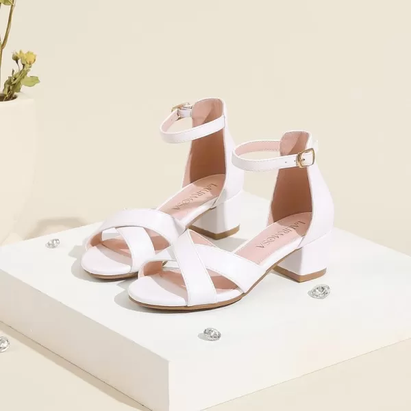 Girls Sandals Open Toe High Heels Fancy Dress Shoes Ankle Strap Chunky Block Heels Flower Girls Wedding Party Dressy Shoes for Toddler Little Big KidsWhite Pu