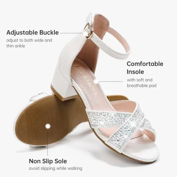 Girls Sandals Open Toe High Heels Fancy Dress Shoes Ankle Strap Chunky Block Heels Flower Girls Wedding Party Dressy Shoes for Toddler Little Big KidsWhite Rhinestone