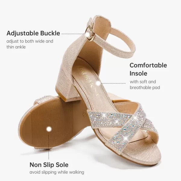 Girls Sandals Open Toe High Heels Fancy Dress Shoes Ankle Strap Chunky Block Heels Flower Girls Wedding Party Dressy Shoes for Toddler Little Big KidsGold Rhinestone