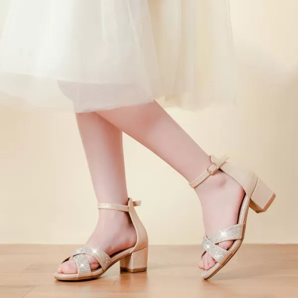 Girls Sandals Open Toe High Heels Fancy Dress Shoes Ankle Strap Chunky Block Heels Flower Girls Wedding Party Dressy Shoes for Toddler Little Big KidsGold Rhinestone