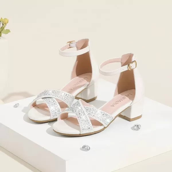 Girls Sandals Open Toe High Heels Fancy Dress Shoes Ankle Strap Chunky Block Heels Flower Girls Wedding Party Dressy Shoes for Toddler Little Big KidsWhite Rhinestone