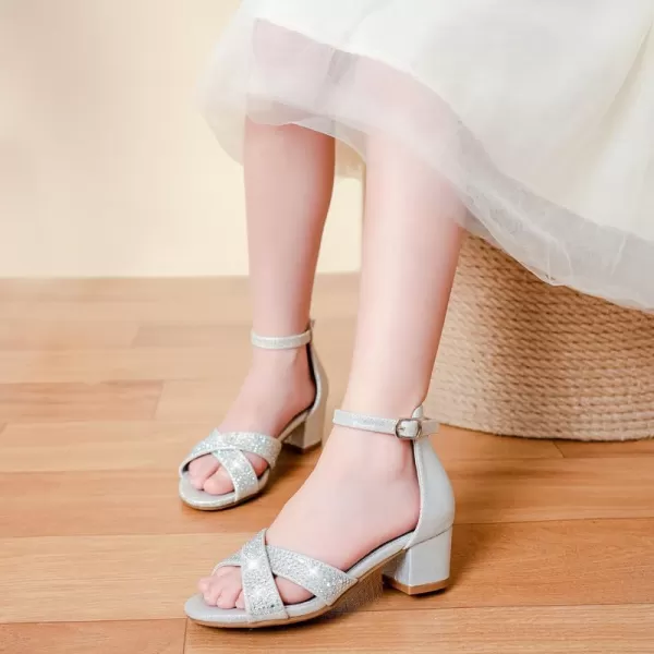 Girls Sandals Open Toe High Heels Fancy Dress Shoes Ankle Strap Chunky Block Heels Flower Girls Wedding Party Dressy Shoes for Toddler Little Big KidsSilver Rhinestone