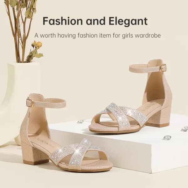 Girls Sandals Open Toe High Heels Fancy Dress Shoes Ankle Strap Chunky Block Heels Flower Girls Wedding Party Dressy Shoes for Toddler Little Big KidsGold Rhinestone