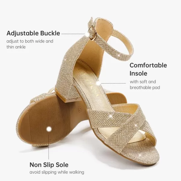 Girls Sandals Open Toe High Heels Fancy Dress Shoes Ankle Strap Chunky Block Heels Flower Girls Wedding Party Dressy Shoes for Toddler Little Big KidsGold Glitter