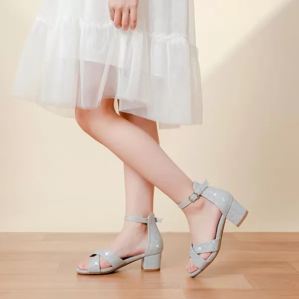 Girls Sandals Open Toe High Heels Fancy Dress Shoes Ankle Strap Chunky Block Heels Flower Girls Wedding Party Dressy Shoes for Toddler Little Big KidsSilver Glitter