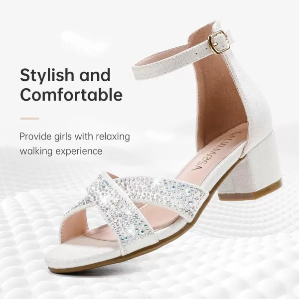 Girls Sandals Open Toe High Heels Fancy Dress Shoes Ankle Strap Chunky Block Heels Flower Girls Wedding Party Dressy Shoes for Toddler Little Big KidsWhite Rhinestone