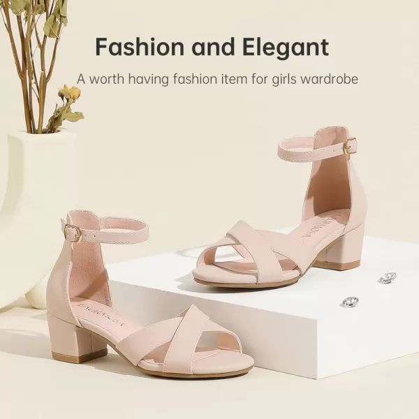 Girls Sandals Open Toe High Heels Fancy Dress Shoes Ankle Strap Chunky Block Heels Flower Girls Wedding Party Dressy Shoes for Toddler Little Big KidsNude Nubuck