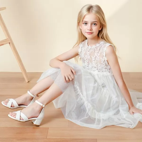 Girls Sandals Open Toe High Heels Fancy Dress Shoes Ankle Strap Chunky Block Heels Flower Girls Wedding Party Dressy Shoes for Toddler Little Big KidsWhite Pu