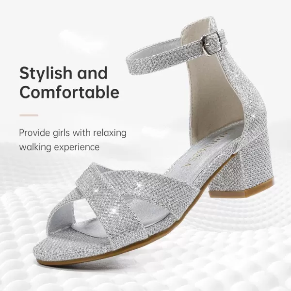 Girls Sandals Open Toe High Heels Fancy Dress Shoes Ankle Strap Chunky Block Heels Flower Girls Wedding Party Dressy Shoes for Toddler Little Big KidsSilver Glitter