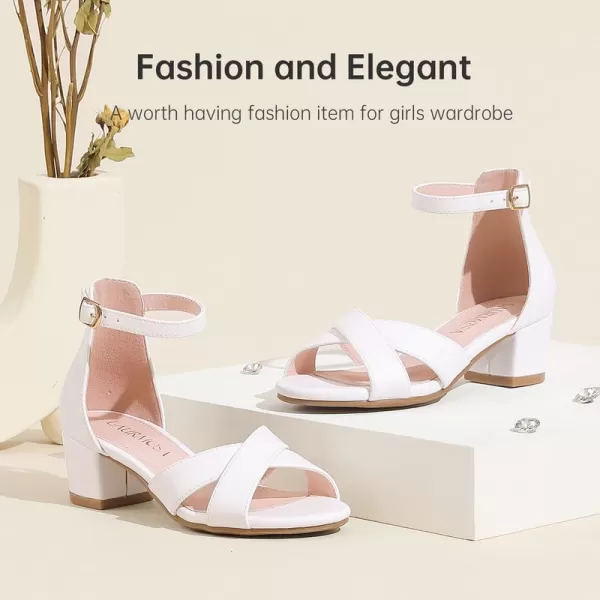 Girls Sandals Open Toe High Heels Fancy Dress Shoes Ankle Strap Chunky Block Heels Flower Girls Wedding Party Dressy Shoes for Toddler Little Big KidsWhite Pu